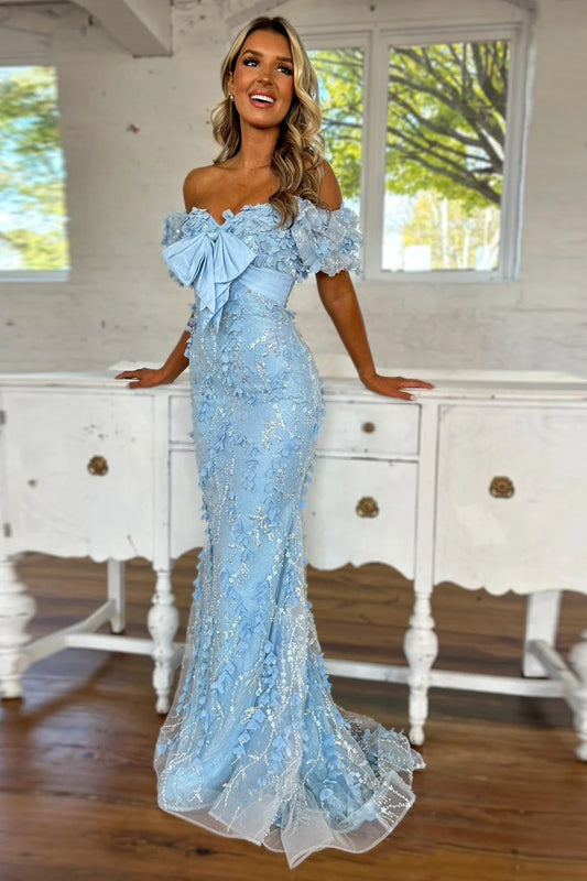 Lovely Light Blue Mermaid Off The Shoulder Long Glitter Prom Party Dress DP7743