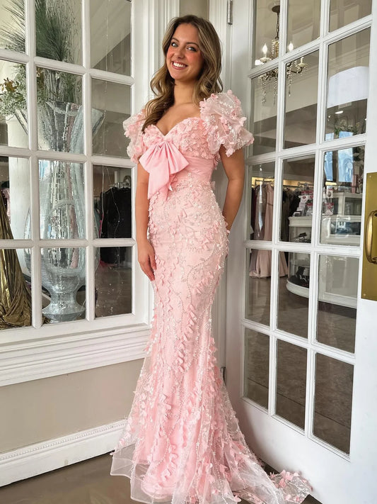 Lovely Light Pink Mermaid Off The Shoulder Long Glitter Prom Party Dress DP7744
