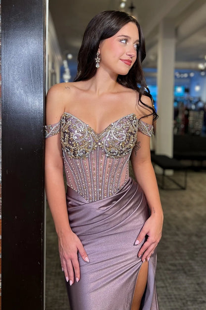 Stunning Mermaid Off the Shoulder Grey Purple Corset Prom Dress with Beading DP7488