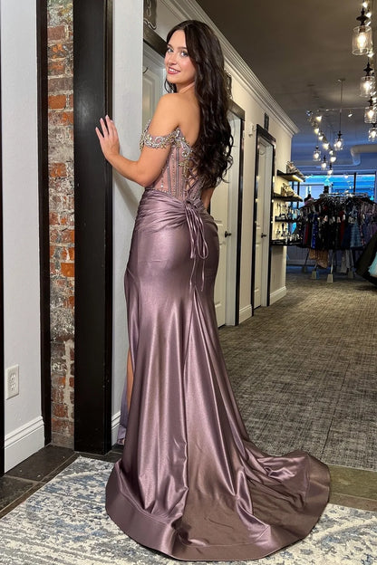 Stunning Mermaid Off the Shoulder Grey Purple Corset Prom Dress with Beading DP7488