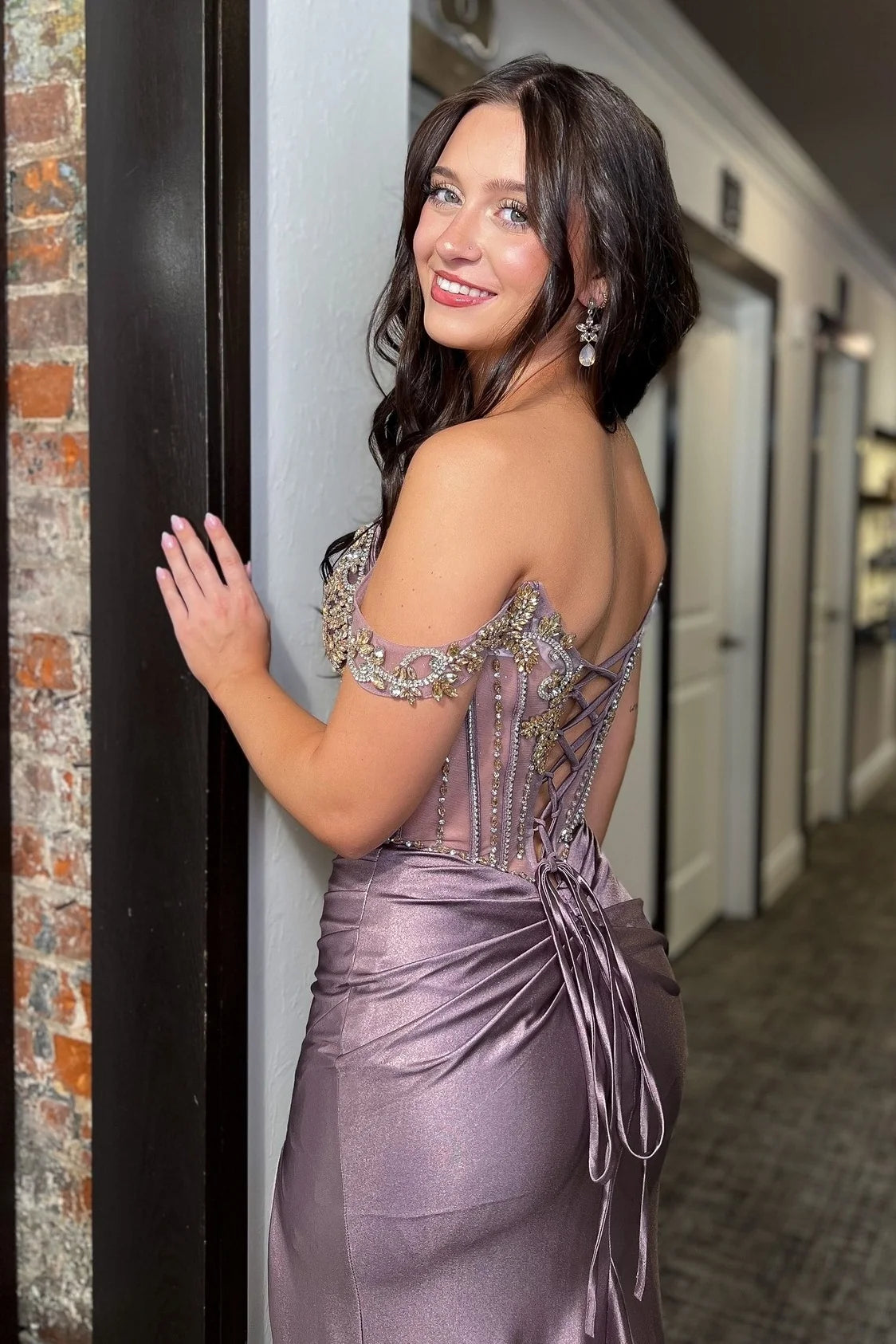 Stunning Mermaid Off the Shoulder Grey Purple Corset Prom Dress with Beading DP7488