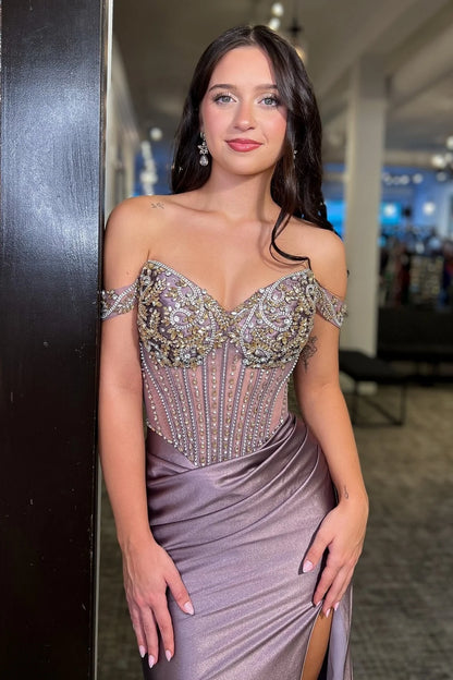 Stunning Mermaid Off the Shoulder Grey Purple Corset Prom Dress with Beading DP7488
