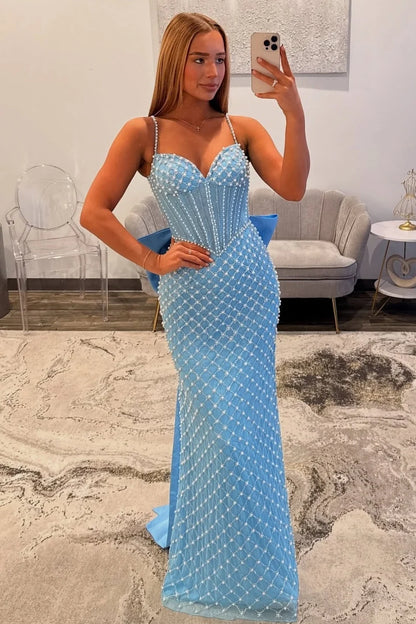 Luxurious Mermaid Spaghetti Straps Blue Long Prom Dress with Pearls DP7497