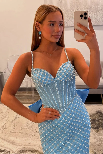 Luxurious Mermaid Spaghetti Straps Blue Long Prom Dress with Pearls DP7497