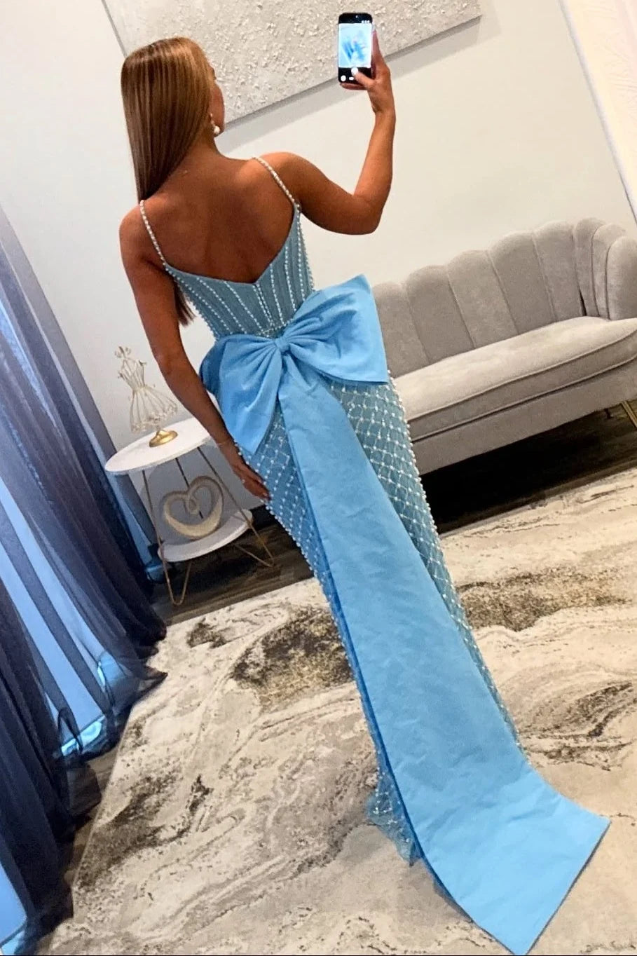 Luxurious Mermaid Spaghetti Straps Blue Long Prom Dress with Pearls DP7497