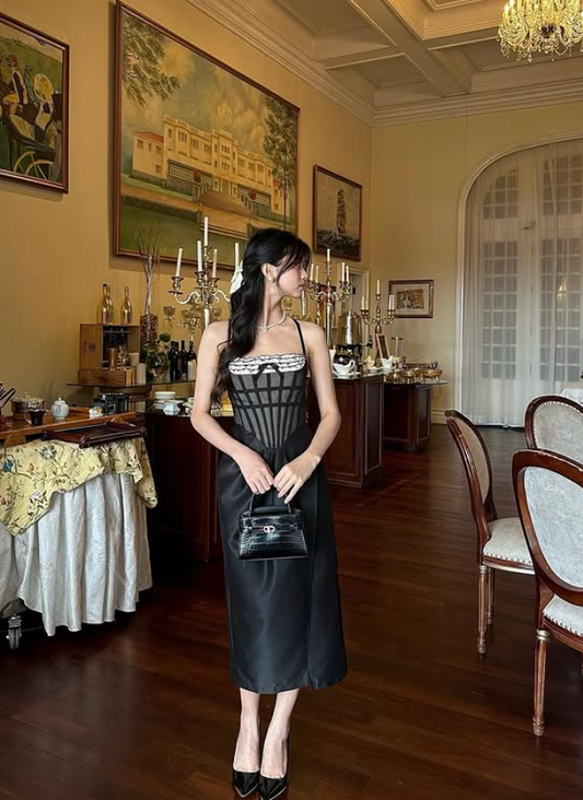 Cute A Line Spaghetti Strap Corset Black Satin Prom Dress 16th Birthday Dress DP3971