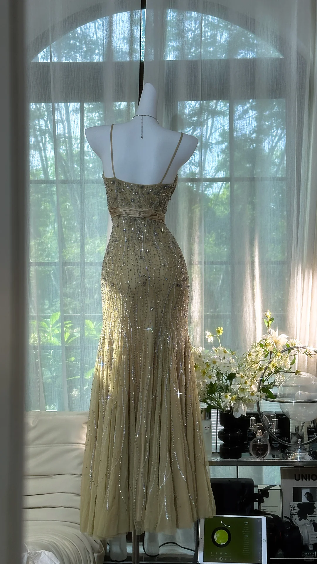 Vintage Mermaid V Neck Beaded Olive Green Tulle Prom Dress Party Dress DP3704