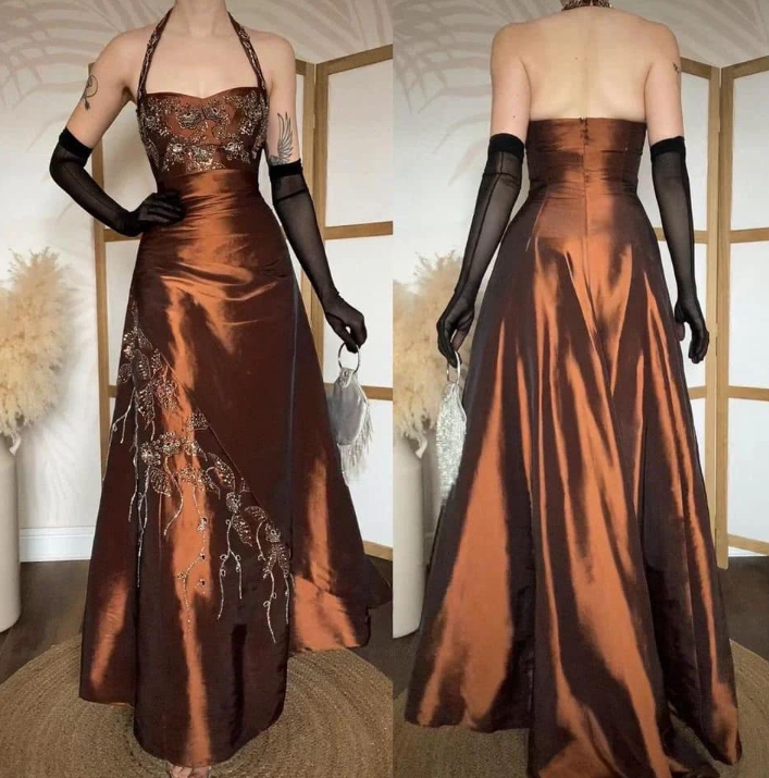 Vintage A Line Halter Beaded Brown Satin Open Back Prom Dress DP4829