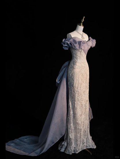 Stunning A Line Off the Shoulder White Sequin Purple Tulle Long Prom Dress Graduation Prom Dress DP2214