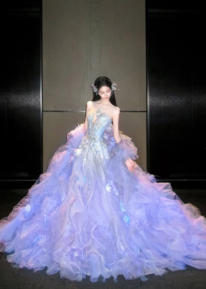 Dreamy Purple Ball Gown V Neck Exquisite Beaded Organza Long Prom Dress DP4605
