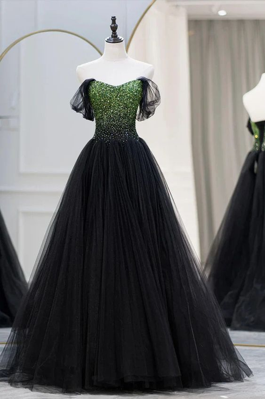 Gorgeous Sequins Beaded Tulle Long Prom Dress  Off the Shoulder Formal Evening Dress  DP644