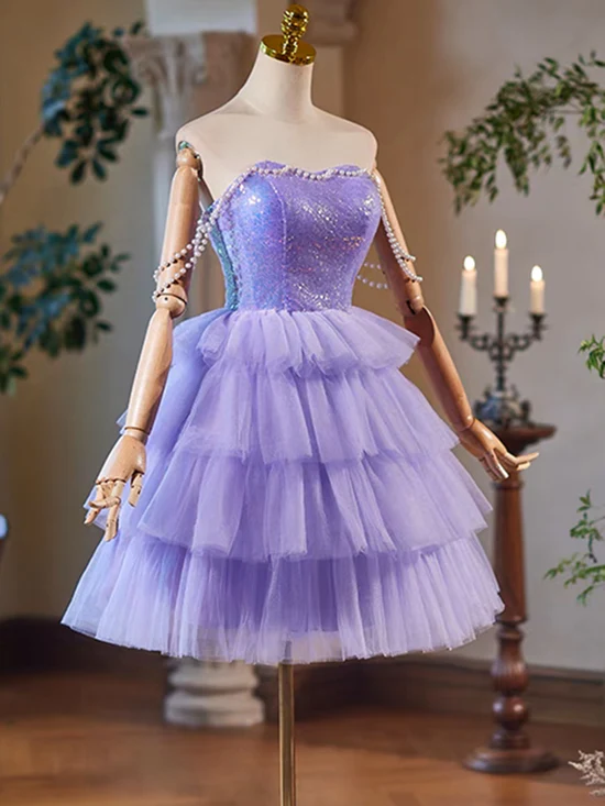 Glitter Sweetheart Neck Purple Short Sequin Tulle Prom Dress Homecoming Dress DP614