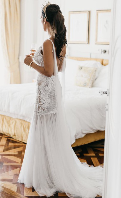 Sexy Mermaid Spaghetti Strap Lace Tulle Long Sweep Wedding Dress DP1805