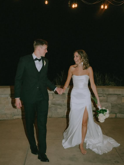 Classic Mermaid Strapless White Satin Long Train Slit Wedding Dress DP6074