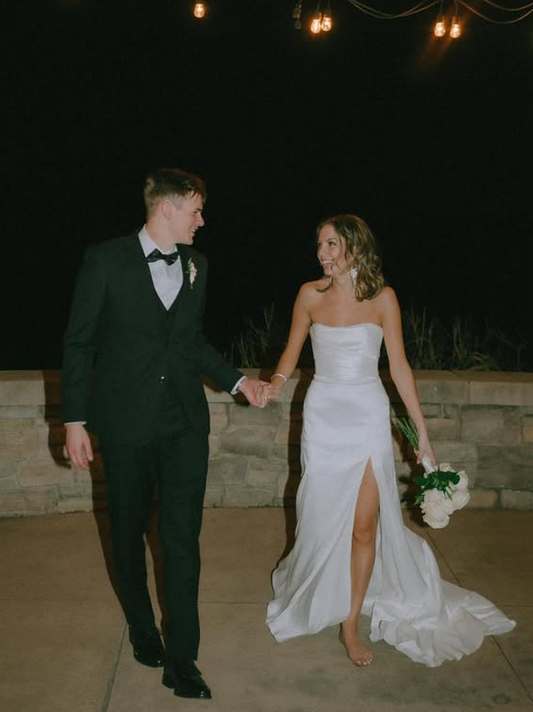 Classic Mermaid Strapless White Satin Long Train Slit Wedding Dress DP6074