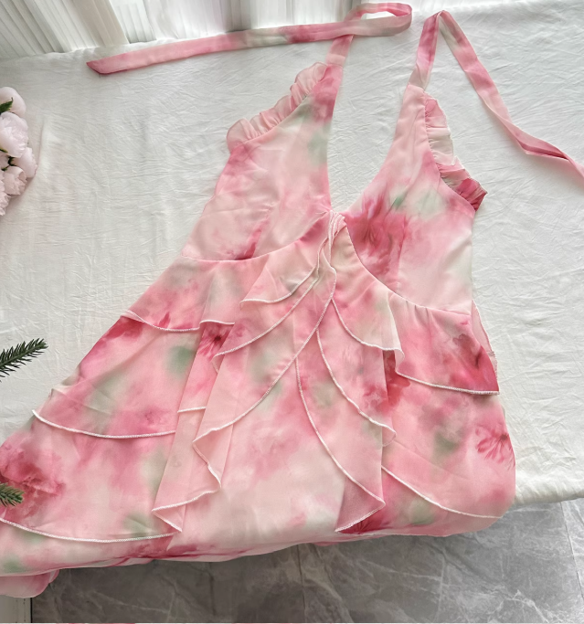 Pink A Line Halter Print Floral Layered Chiffon Vacation Dress Prom Dress Outfits DP3555
