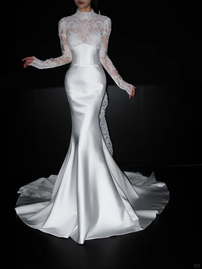 Classic Mermaid Long Sleeve White Lace Satin Long Wedding Dress DP5792