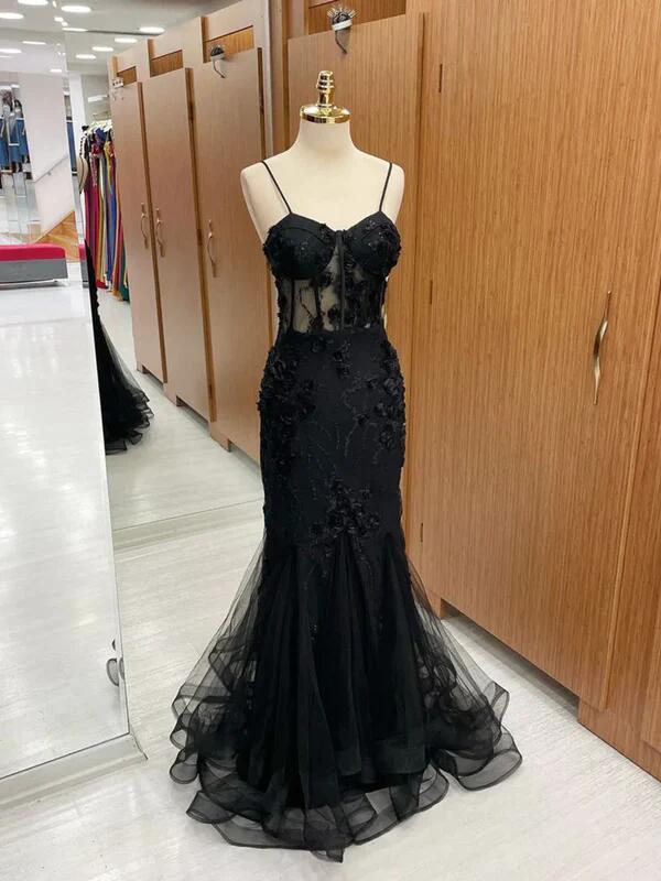 Sexy Black Mermaid Lace Appliques Long Prom Dress Evening Dress DP034