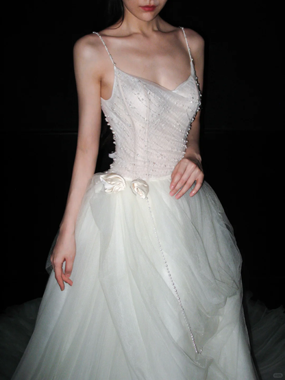 Pretty A Line Spaghetti Straps Pearl White Tulle Long Wedding Dress DP5798