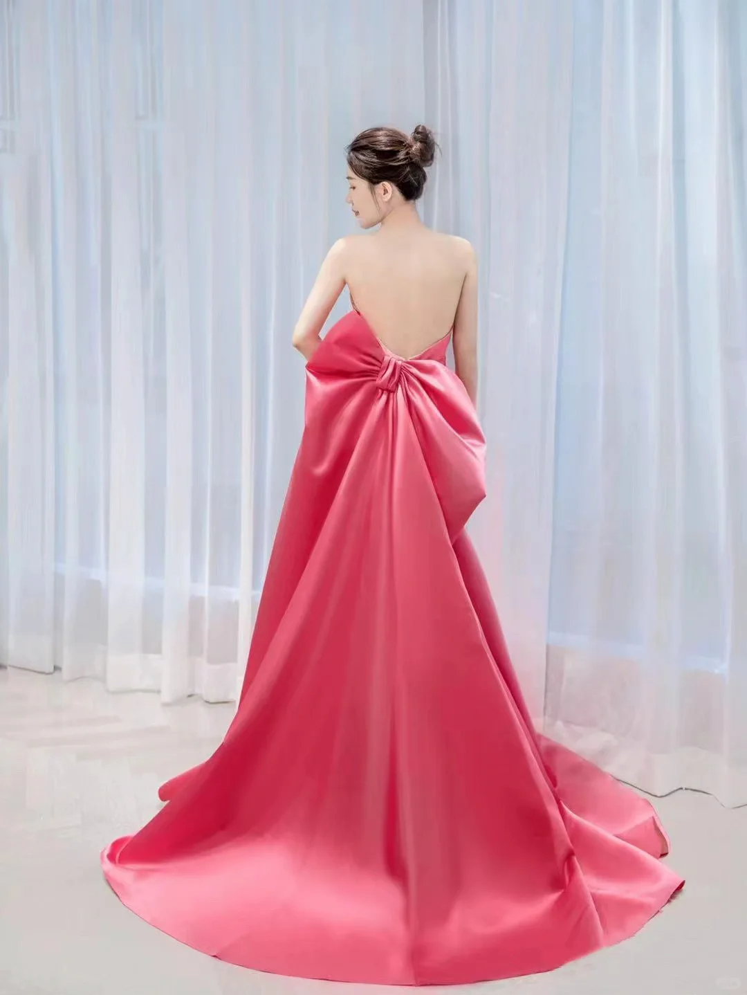 Cute A Line Strapless Bow Pink Satin Long Party Dress Birthday Dress with Slit DP2425