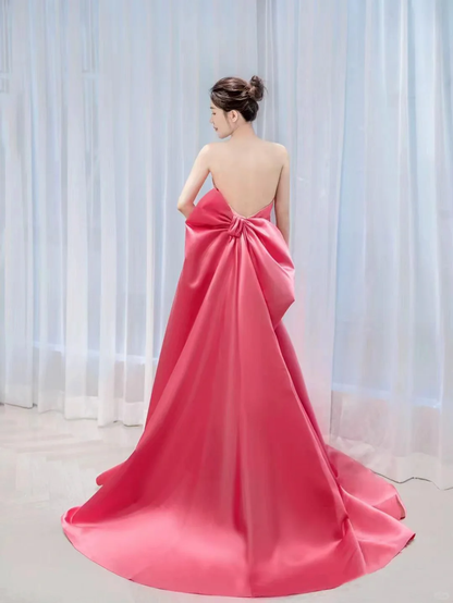 Cute A Line Strapless Bow Pink Satin Long Party Dress Birthday Dress with Slit DP2425