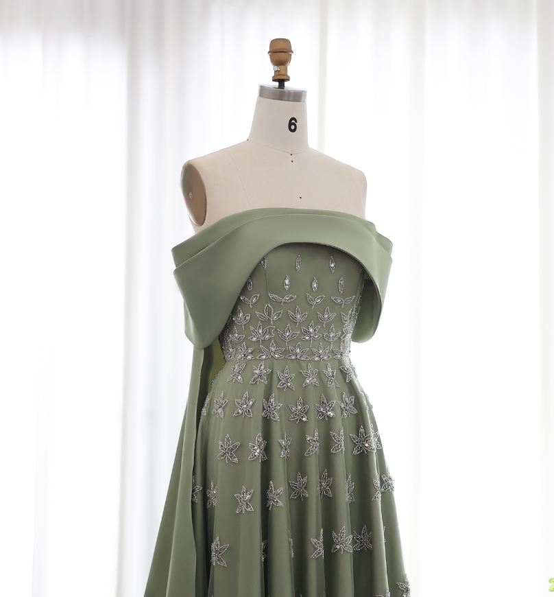 Elegant A Line Off the Shoulder Beaded Green Satin Prom Dress Evening Dress DP1904