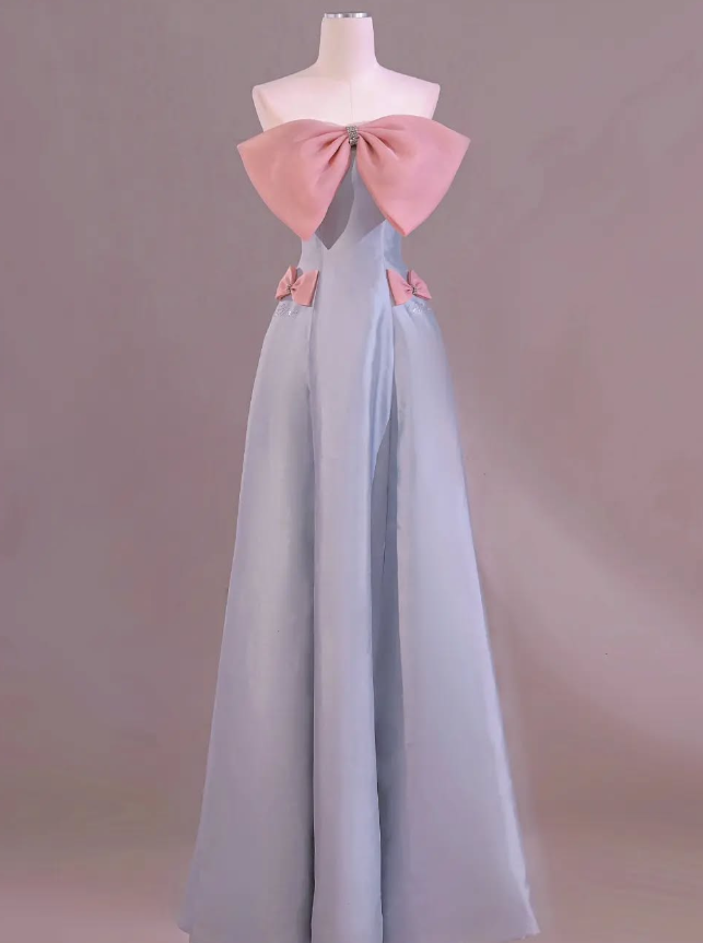 Cute A Line Strapless Pink Bow Blue Satin Long Prom Dress Evening Dress DP2001