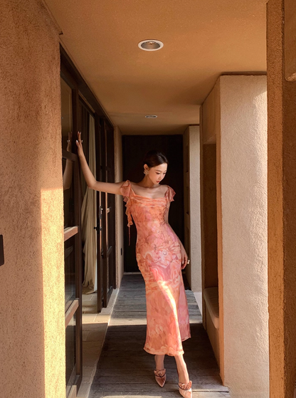 Stunning Sheath Off the Shoulder Print Floral Chiffon Prom Dress Party Dress Outfit DP3532