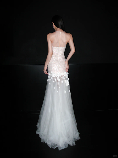 Shiny Mermaid Halter White Sequin Tulle Backless Long Wedding Dress DP8092