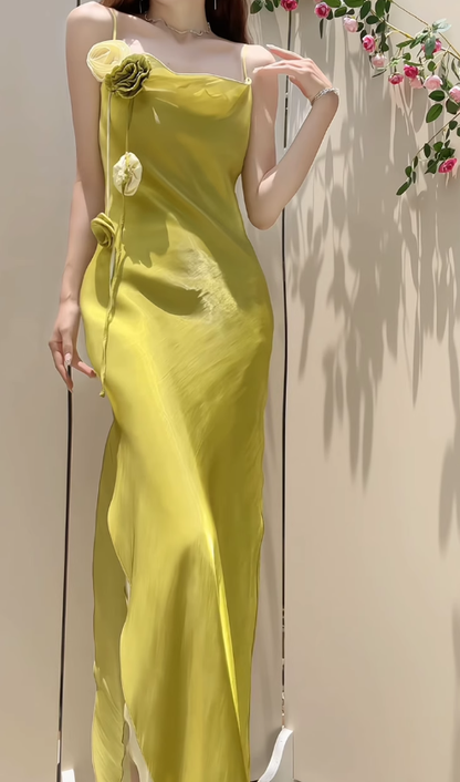 Stunning Sheath Spaghetti Strap Green Flower Satin Prom Dress Evening Dress with Slit DP3561