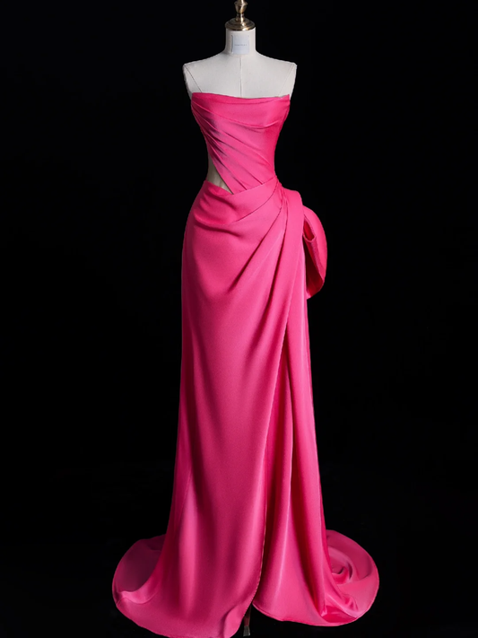 Elegant A Line Strapless Hot Pink Satin Long Sweep Prom Dress Evening Dress DP2088