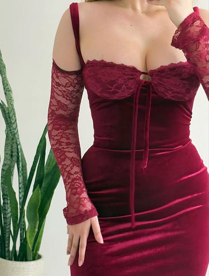 Sexy Sheath Straps Red Lace Velvet Prom Dress Evening Dress with Slit DP6150