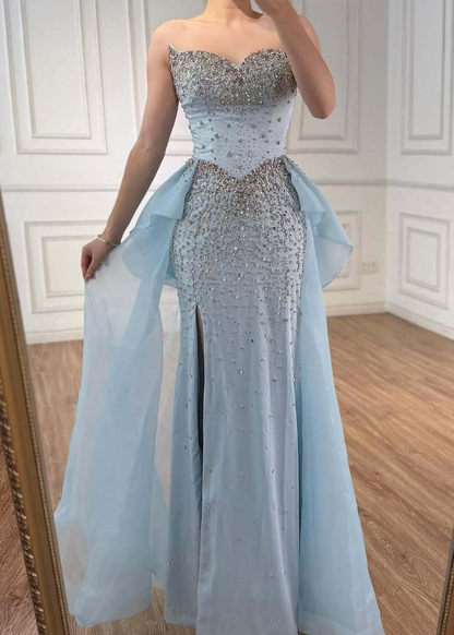 Baby Blue Sheath Sweetheart Neck Beaded Satin Tulle Long Prom Dress Evening Dress DP4334