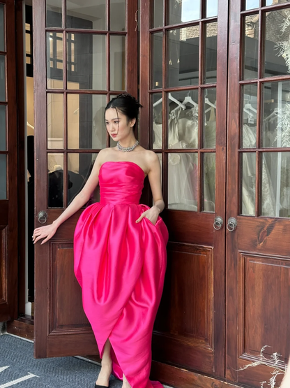 Pink Flower Bud Dress Strapless Satin Prom Dress Graduation Prom Dress DP1976