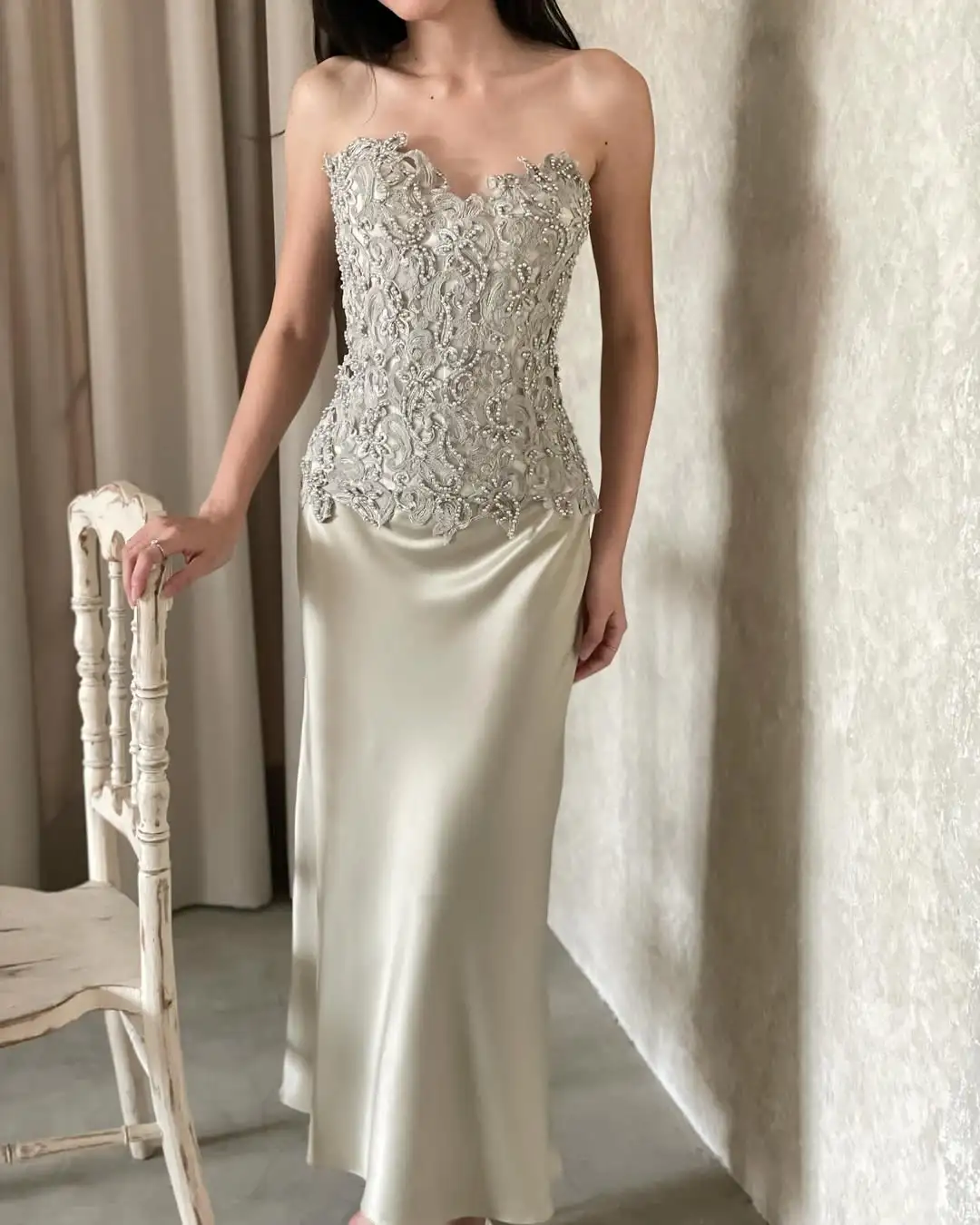 Gentle Sheath Sweetheart Neck Lace Beaded Satin Prom Dress DP4588