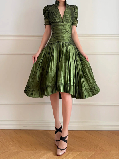 Vintage Green V Neck Pleated Satin Open Back Homecoming Dress Outfits DP5137