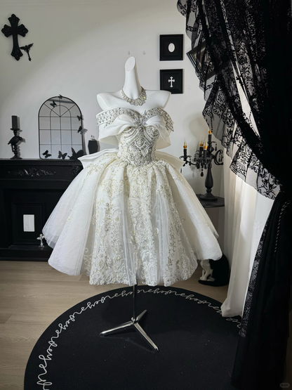 Stunning Ball Gown Off the Shoulder Exquisite Beaded White Tulle Short Prom Dress DP6988