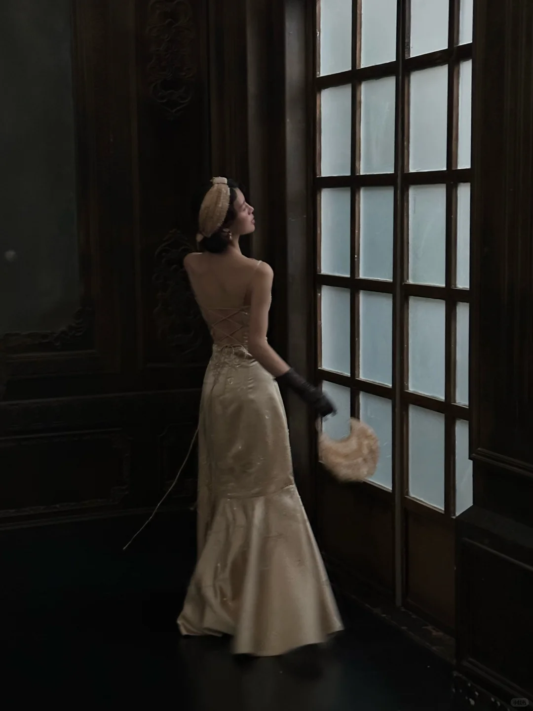 Vintage Champagne Mermaid Spaghetti Strap Beaded Satin Open Back Prom Dress Evening Dress DP4779