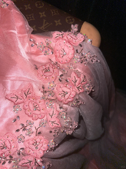 Vintage A Line Sweetheart Neck Beaded Pink Satin Tulle Long Prom Dress DP4423