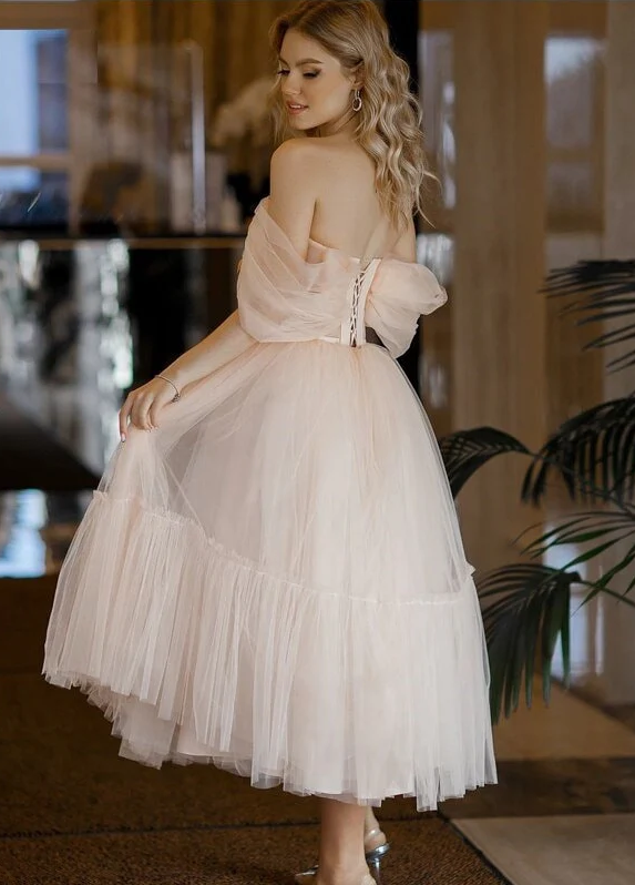 Light Pink A Line Off the Shoulder Tulle Tea Length Prom Dress Homecoming Dress DP1187