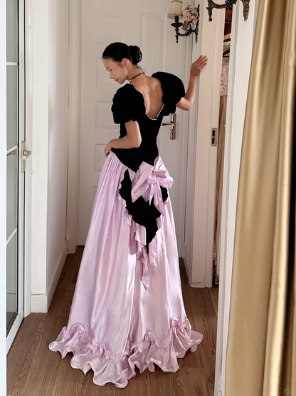 Retro Princess A Line Puff Sleeve Pink Satin Black Velvet Long Prom Dress Evening Dress DP6800