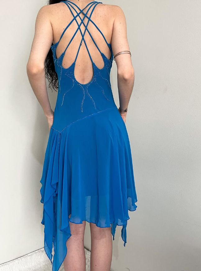 Cute Vintage A Line Spaghetti Strap Beaded Blue Chiffon Prom Dress Graduation Prom Dress DP2156