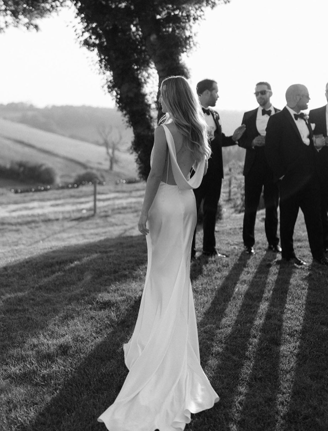 Open Back Sexy Sheath Round Neck White Satin Long Wedding Dress DP4303