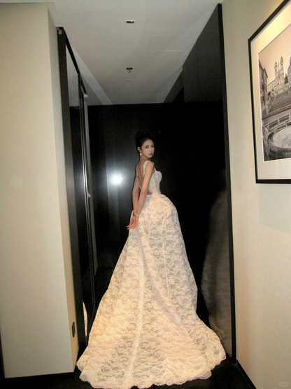 Elegant Mermaid Spaghetti Strap White Lace Prom Dress Party Dress DP2512