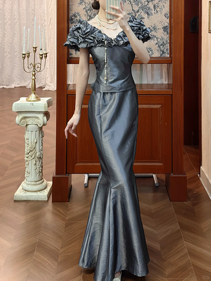 Vintage Unique Mermaid V Neck Grey Satin Long Prom Dress DP4823
