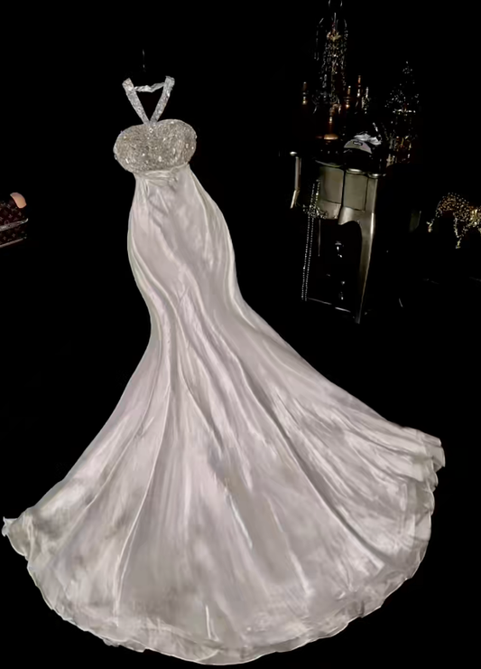 Vintage Grey Mermaid Halter Beaded Satin Prom Dress Party Evening Dress DP5361
