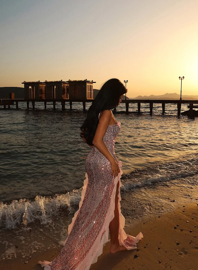 Pink Shiny Sheath Spaghetti Strap Ruffle Sequin Prom Dress Formal Dress with Slit DP3213
