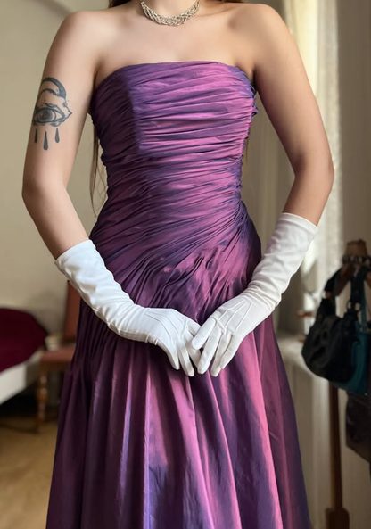 Vintage A Line Strapless Pleated Purple Satin Prom Dress Evening Dress DP5721