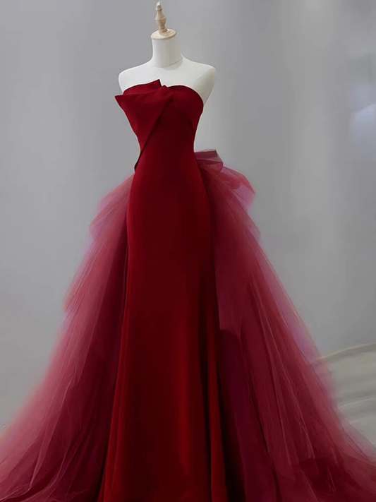 Strapless Mermaid Tulle Velvet Burgundy Long Prom Dress Evening Dress DP428