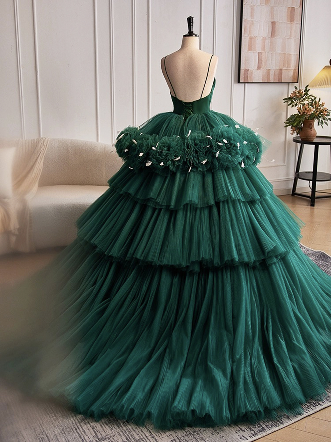 Green VNeck Layered Pleated Tulle Long Prom Dress Formal Ball Gown DP395